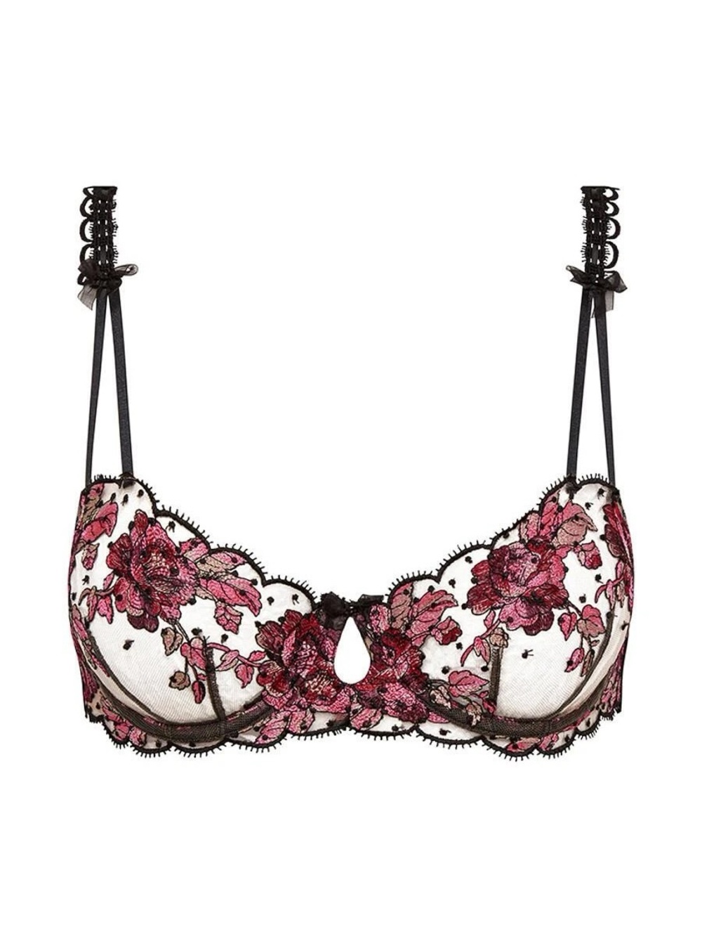 For Love & Lemons Juliet Sheer Mesh Embroidered Balconette Bra Black Pink Large